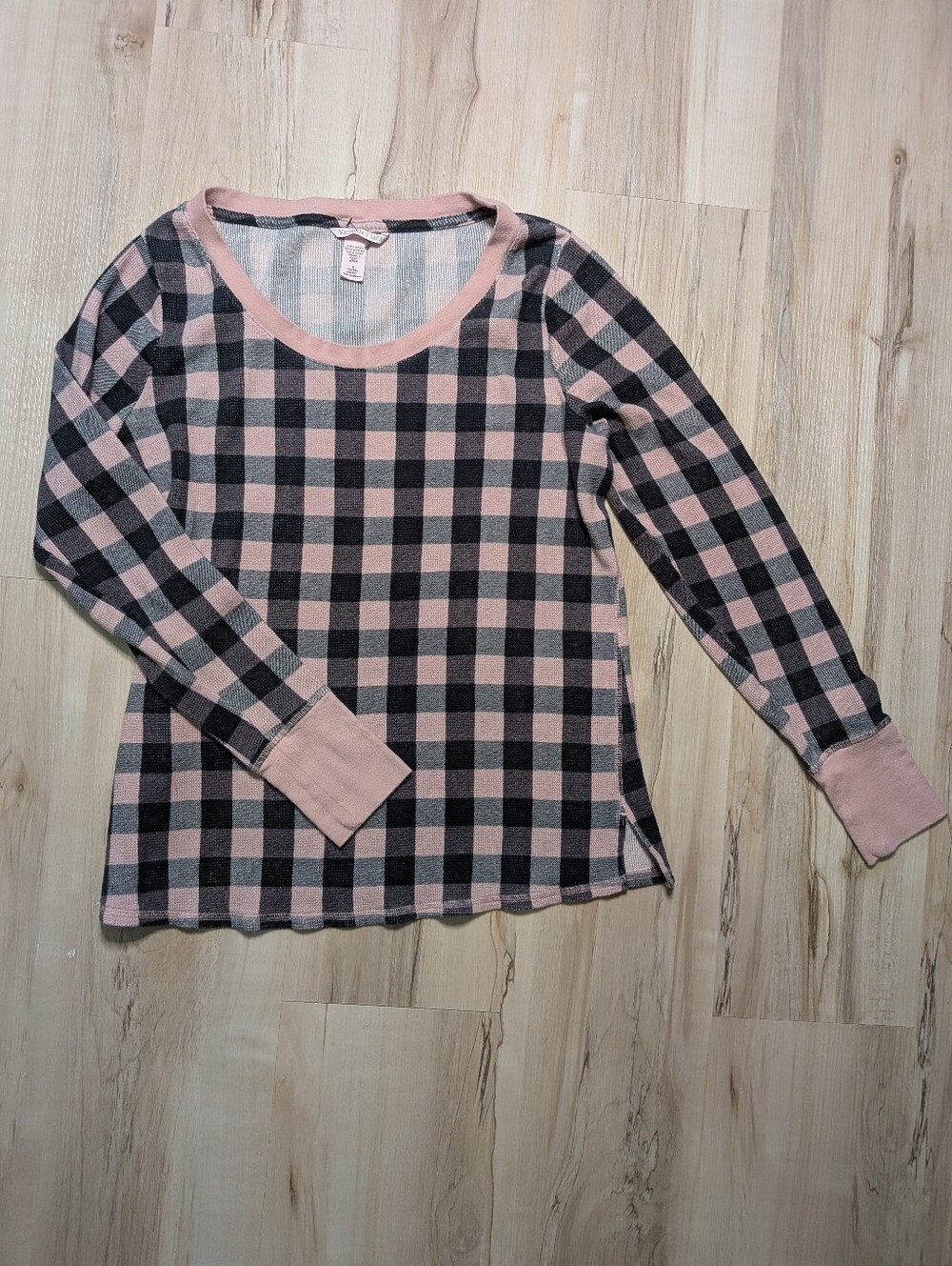 Victoria's Secret black & pink checkered waffle-knit long-sleeve thermal top
